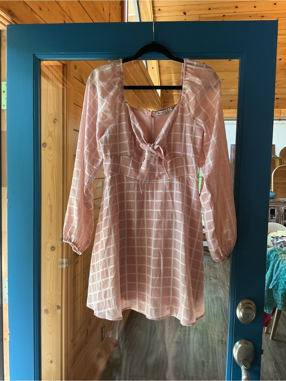 Pink Windowpane Tie-Front Tunic Dress